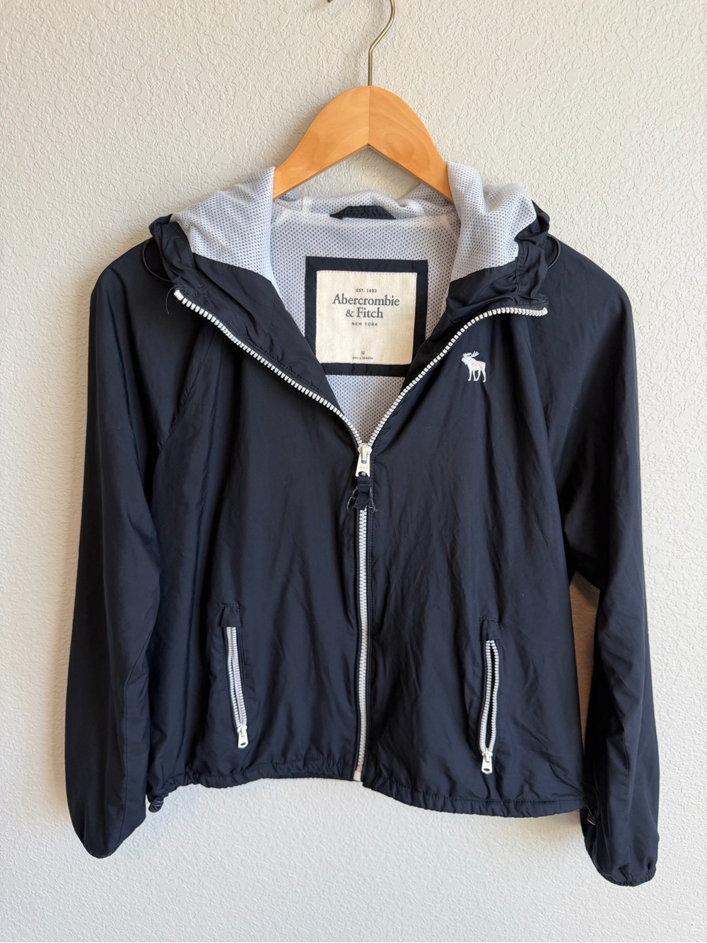 Abercrombie & Fitch Navy Hooded Windbreaker Jacket with White Trim
